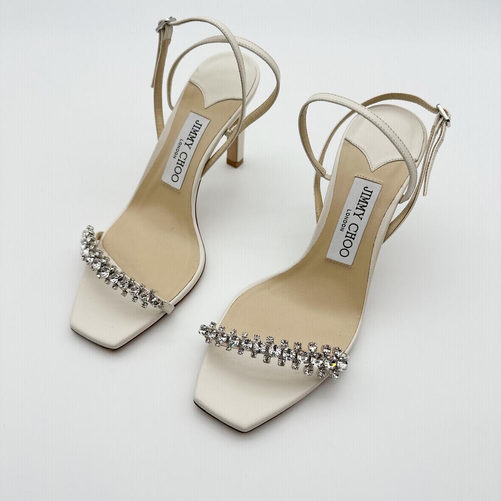 Jimmy Choo Meira 85 Latte Nappa Leather Crystal Embellished Sandal Heel Size 37